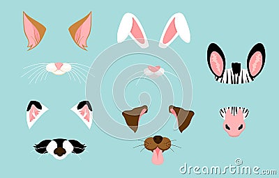 Vector illustration of cute and nice animal ears and nose masks for selfies, pictures and video effect. Funny animals Vector Illustration