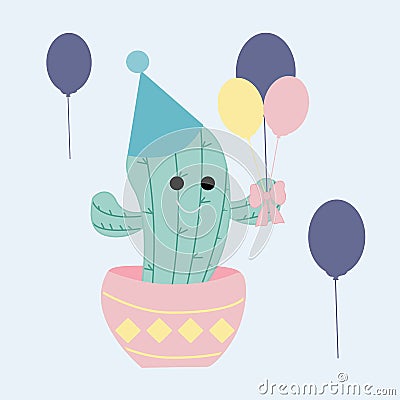 Vector illustration with cute pastel party cactus and balloons Vector Illustration