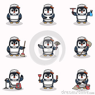 Vector illustration of cute Penguin with maid uniform. Vector Illustration