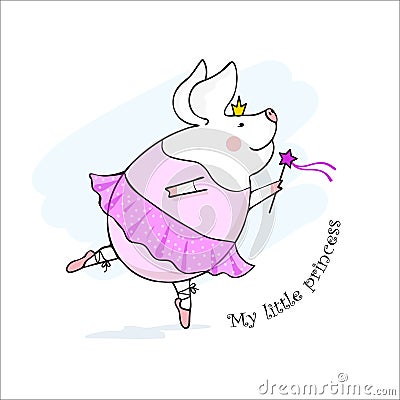 Vector illustration of a cute pig princess with a magic wand, little pig ballerina dancing in a pink dress, cartoon design Cartoon Illustration