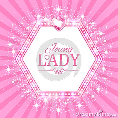 Vector illustration. Cute Pink Banner for Princess, Glamour and Baby Girl Design. Shining Retro on Burst Background. Vector Illustration