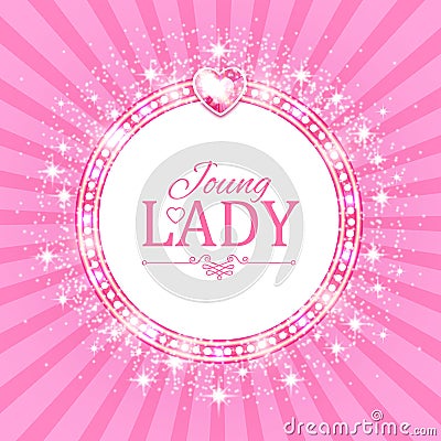 Vector illustration. Cute Pink Banner for Princess, Glamour and Baby Girl Design. Shining Retro on Burst Background. Vector Illustration