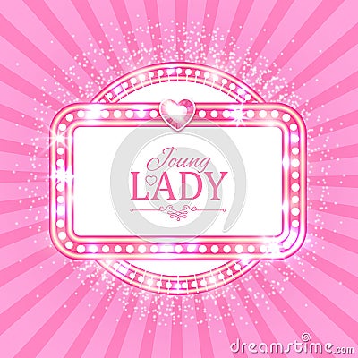 Vector illustration. Cute Pink Banner for Princess, Glamour and Baby Girl Design. Shining Retro on Burst Background. Vector Illustration