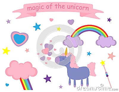 Vector illustration of cute pink and lilac unicorn, hearts, stars, clouds, rain, rainbow Cartoon Illustration