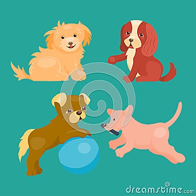 Vector illustration cute playing dogs characters funny purebred puppy comic happy mammal breed Vector Illustration