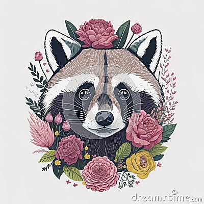 Vector illustration of cute raccoon with floral wreath. Cartoon Illustration