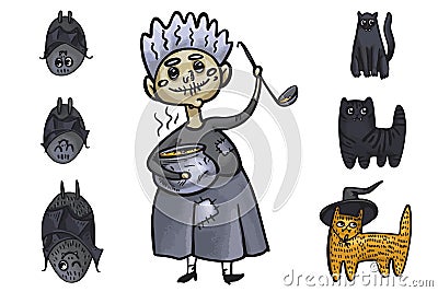 Vector illustration set of cartoon assorted Halloween accessories sorceress with a tub, cats and bats. Separated objects on white Vector Illustration