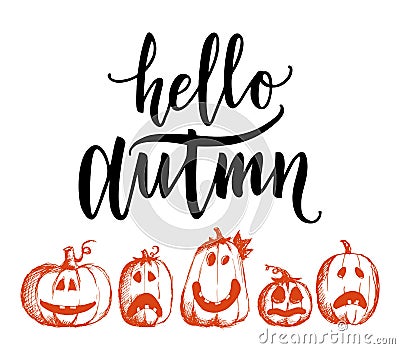 Vector illustration with cute sketch pumpkins and lettering Hello Autumn. Isolated on white background. Design for print Vector Illustration