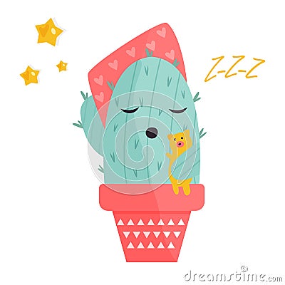 Vector illustration of cute sleeping cactus Vector Illustration