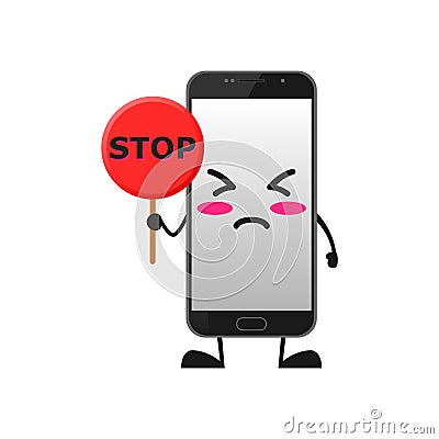 Vector illustration of cute smartphone mascot or character holding sign say stop. cute smartphone Concept White Isolated. Flat Vector Illustration