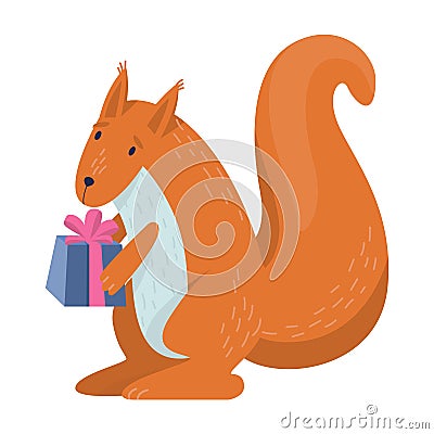 Vector illustration of cute squirel holding a gift box. Vector Illustration