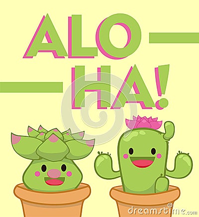 Vector illustration cute succulent or cactus plant with happy face flat design cartoon style Vector Illustration