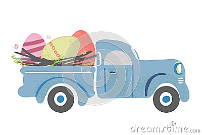 Simple cute vintage truck carrying Easter eggs Vector Illustration