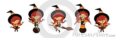 Vector illustration of cute witches on white background. Charming characters in different poses playing with a puppet, brewing a Vector Illustration