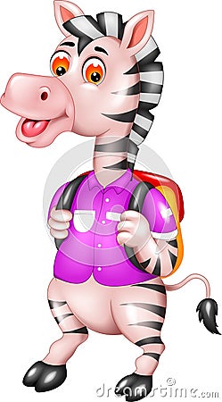 Cute zebra cartoon standing with smile and bring bag Cartoon Illustration