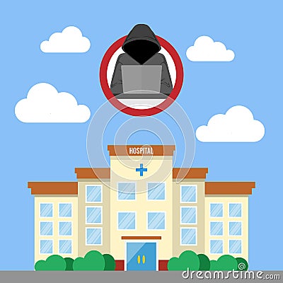 Vector illustration of cyber security threats at hospital. Flat design. Healthcare data breach concept. HIPAA compliance Cartoon Illustration