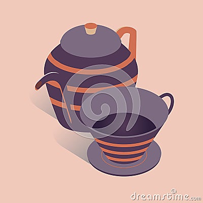 Vector illustration with 3D coffee or tea pot with cup. Kettle in isometric flat style Vector Illustration