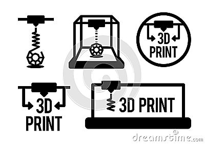 Vector illustration of 3d printing process in black colour isolated on vhite background Vector Illustration