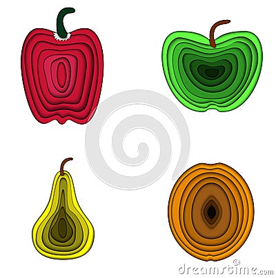 Vector illustration 3d set of fruits. Pear, apple, paprika and apricot made in paper three-dementional style. Colorful Vector Illustration