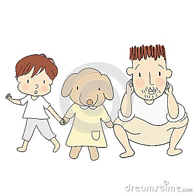 Vector illustration of dad and kid with dog Vector Illustration