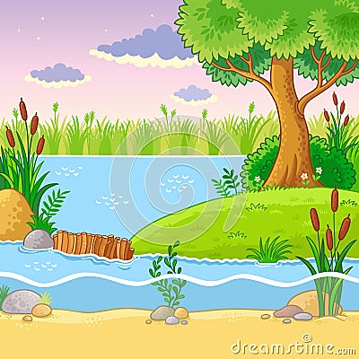 Vector illustration with a dam of beavers. Cartoon Illustration