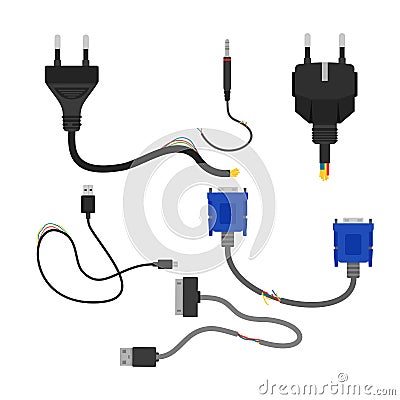 Vector illustration of damaged broken electric cables collection isolated on white background. Cable cut, vga and usb in Vector Illustration