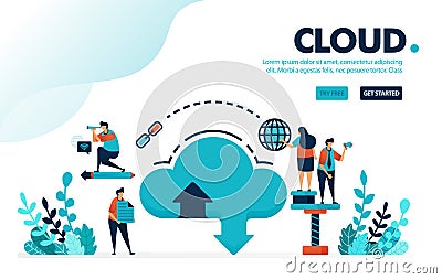 Vector illustration database and cloud. Internet download and upload to database system. Cloud hosting and storage rental services Vector Illustration