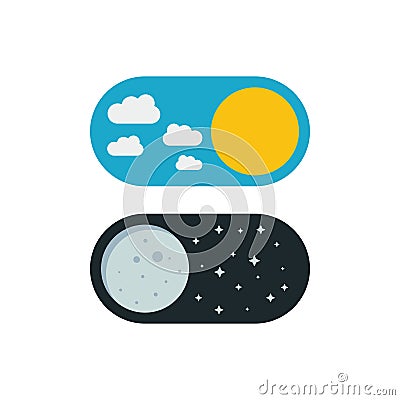 Vector illustration of day and night. Day night concept, sun and moon, day night icon. User Interface element - On Off switcher Cartoon Illustration