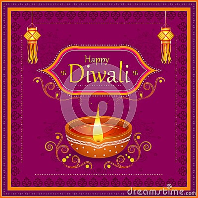 Decorated Diya for Happy Diwali festival holiday celebration Vector Illustration