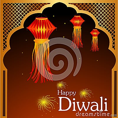 Decorated hanging Kandil lantern for Happy Diwali festival holiday celebration of India greeting background Vector Illustration