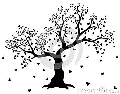 Vector illustration of decorative, abstract tree with hearts and couple of birds in black color on white background. Vector Illustration