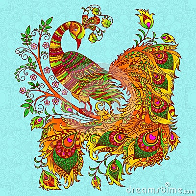 Vector illustration. Decorative firebird on a beige background. Vector Illustration