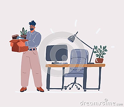 Vector illustration of Deeply upset depressed man employee crying standing and holding in hands things in cardboard box Vector Illustration