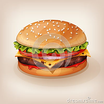 Vector illustration of delicious burger. Cartoon style icon. Vector Illustration