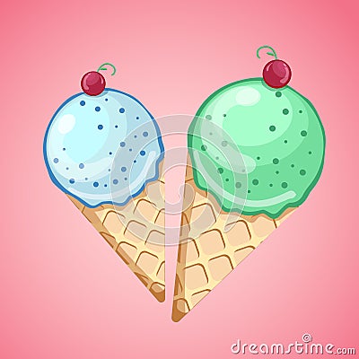 Ice cream blueberry and green tea scoops. on pink background. Idea for poster, product. Vector Illustration