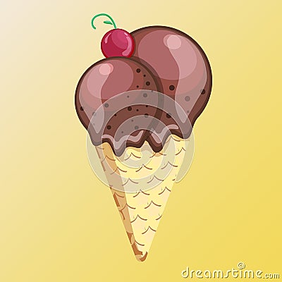 Ice cream chocolate scoops isolated. on yellow background. Idea for poster, product Cartoon Illustration