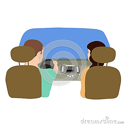 Vector illustration depicting a driver and a passenger in the car from behind Cartoon Illustration