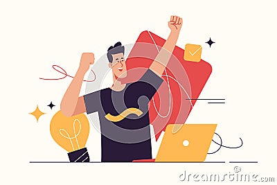 Vector illustration depicting a happy young man finding an effective solution. Editable stroke Vector Illustration