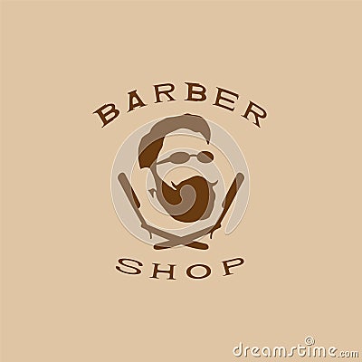 A vector illustration depicting a man`s face with a beard and glasses over two crossed razors. Logo of the men`s hairdresser. Vector Illustration