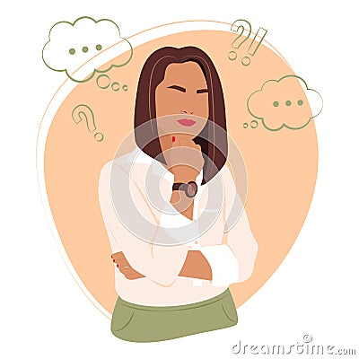 Vector illustration depicting a thinking girl. flat stock illustration. girl thinks. girl`s thoughts. Image for social networks Vector Illustration