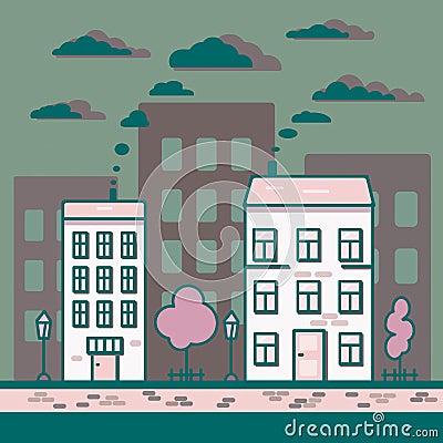 This vector illustration depicts a cozy city street with cute light pink houses Vector Illustration