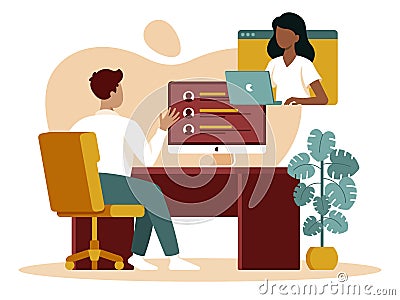 Colourful flat vector illustration of online interview Vector Illustration