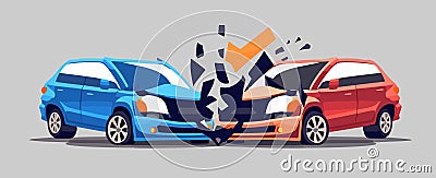 The vector illustration depicts a traffic accident between two cars at a crossroad or street, resulting in front bumper damage. Vector Illustration