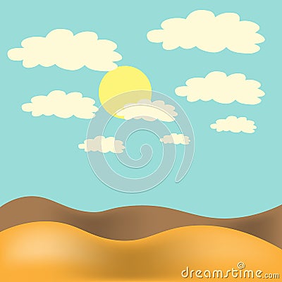 Vector illustration. Desert landscape with blue sky, sun and clouds Cartoon Illustration