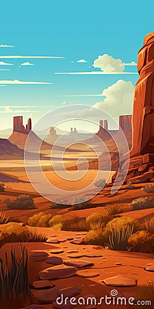 Cartoony Wild West Landscape Illustration With Red Rocks And Desert Cartoon Illustration