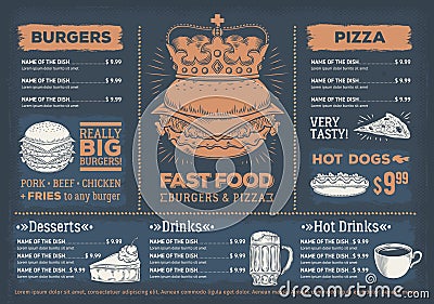 Vector illustration of a design fast food restaurant menu, a cafe with a hand-drawn graphics. Vector Illustration