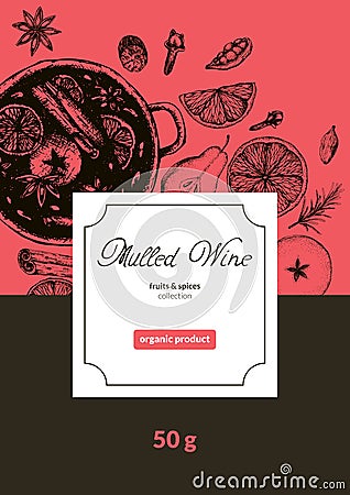 Vector illustration with design vertical label of spices for mulled wine on red. Dry fruits apples and oranges, seasoning for hot Vector Illustration