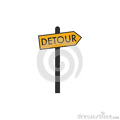 Vector illustration of the Detour right Arrow yellow road sign on black post. Stock Vector illustration isolated on white Vector Illustration