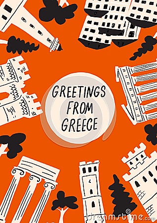 Vector illustration of different attractions, landmarks and symbols of Greece. Greeting from Greece. Vertical greeting Vector Illustration