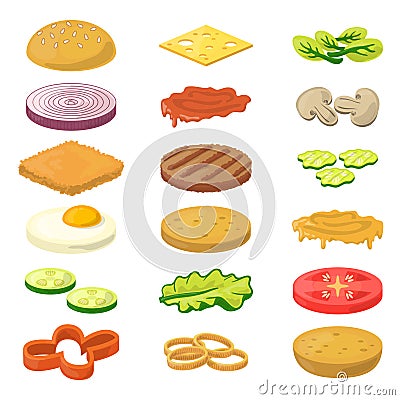 Vector illustration of different burgers ingredients in cartoon style. Fast food pictures Vector Illustration